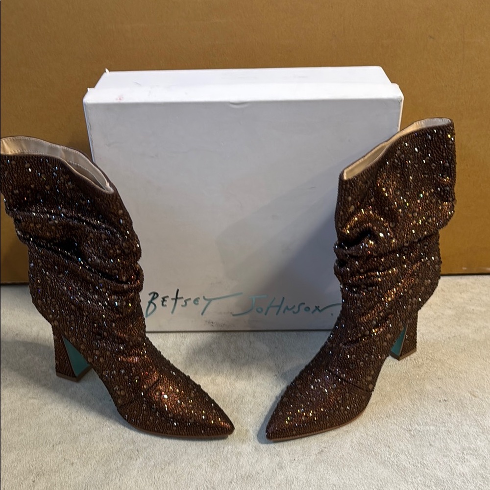 Betsey Johnson Brown Heeled Boots with Snakeskin Texture